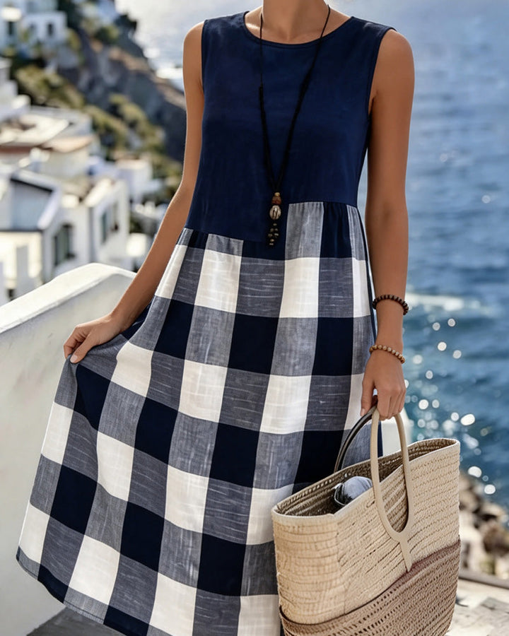 Robe Dos Nu Patchwork Plaid Sans Manches