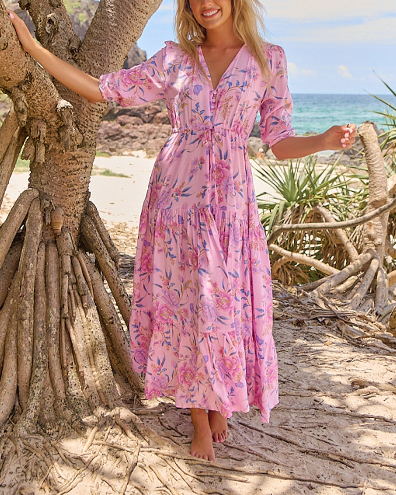 Robe Décolleté en V Imprimé Floral Manches Courtes