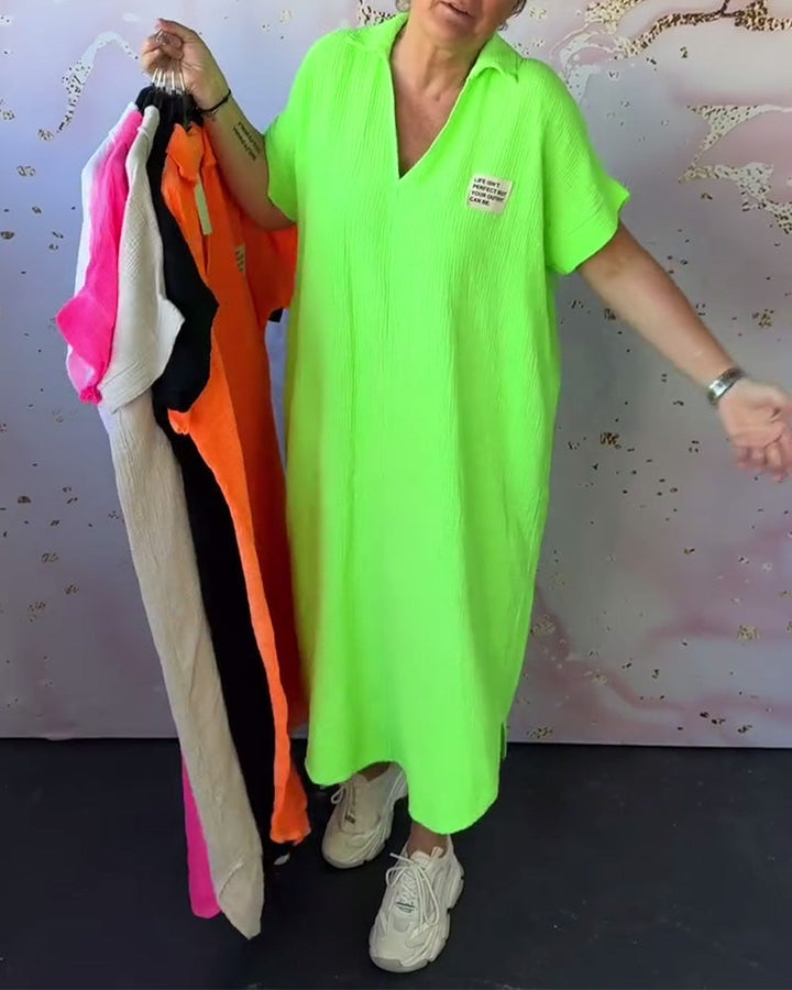 Robe Col En V Plissée Couleur Unie Longue