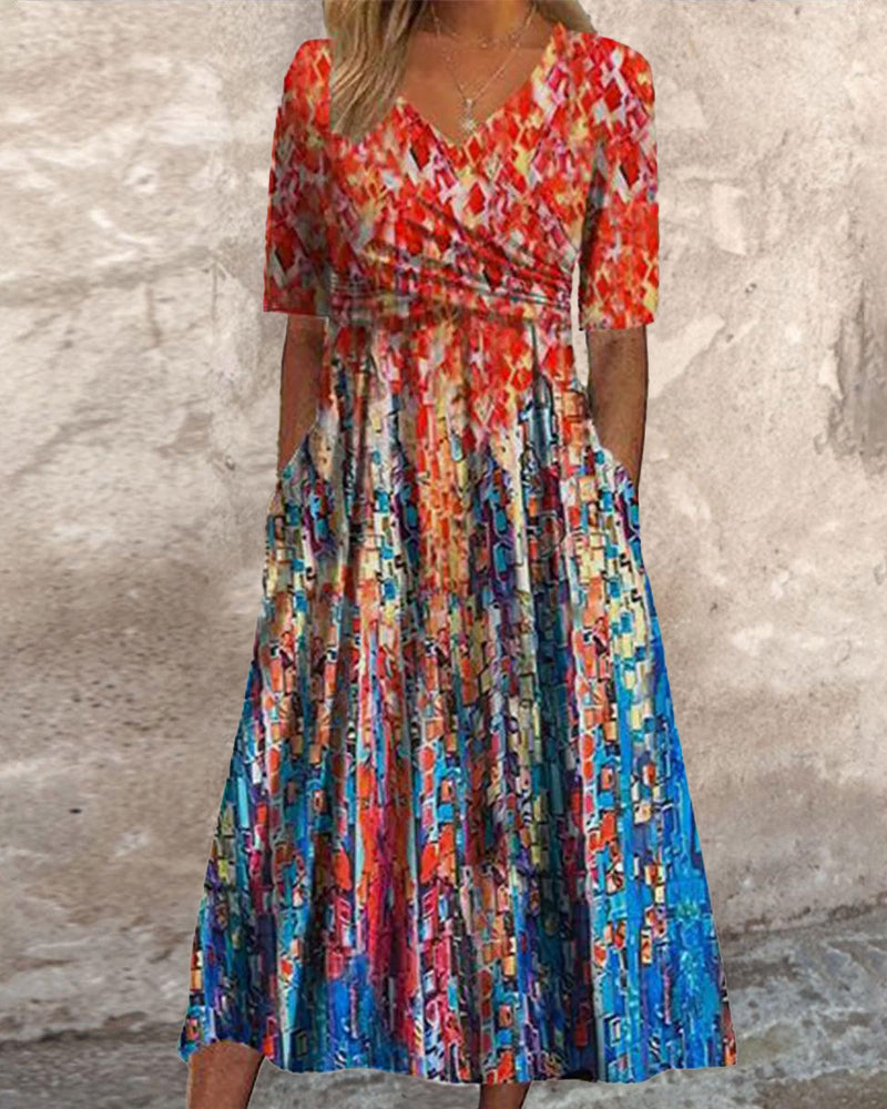 Robe de villégiature imprimée avec poches et col en V