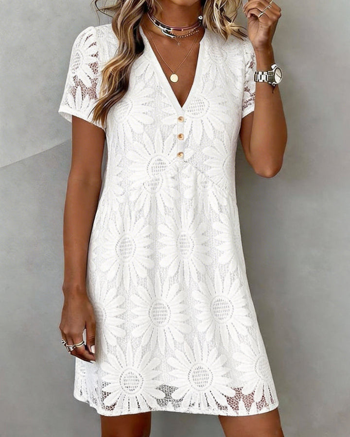 Robe Marguerite Dentelle Col V Manche Courte