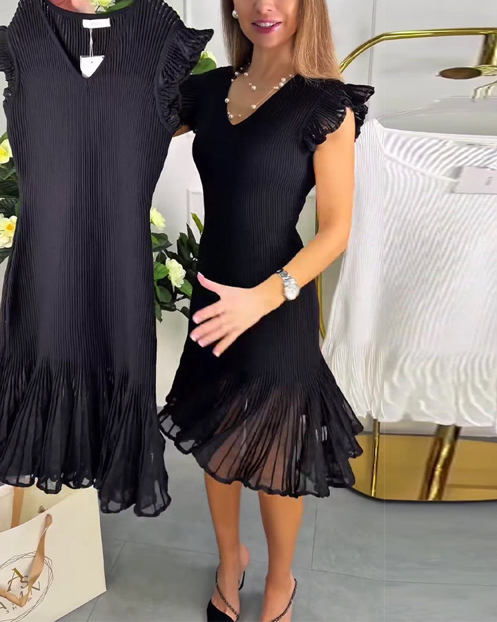 Robe Petites Manches Volant Dentelle Col V