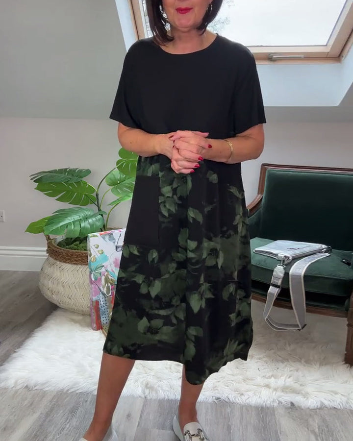 Robe patchwork décontractée à imprimé floral et col rond