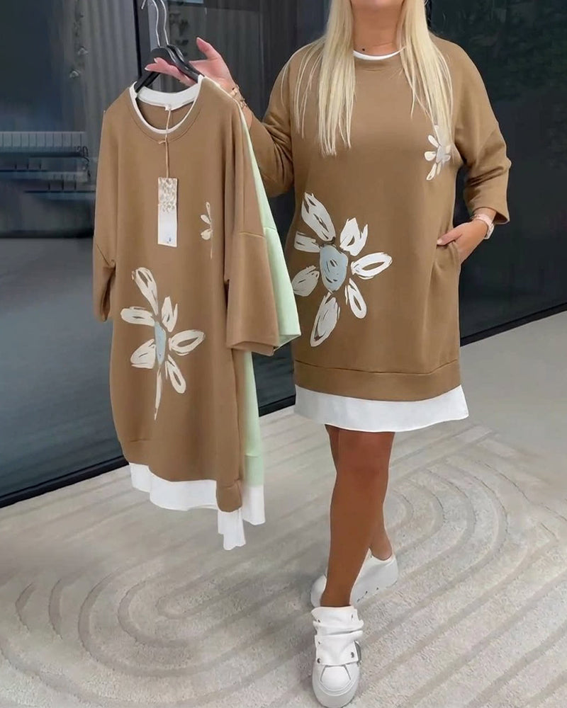 Robe Sweatshirt Col Rond Imprimé Patchwork