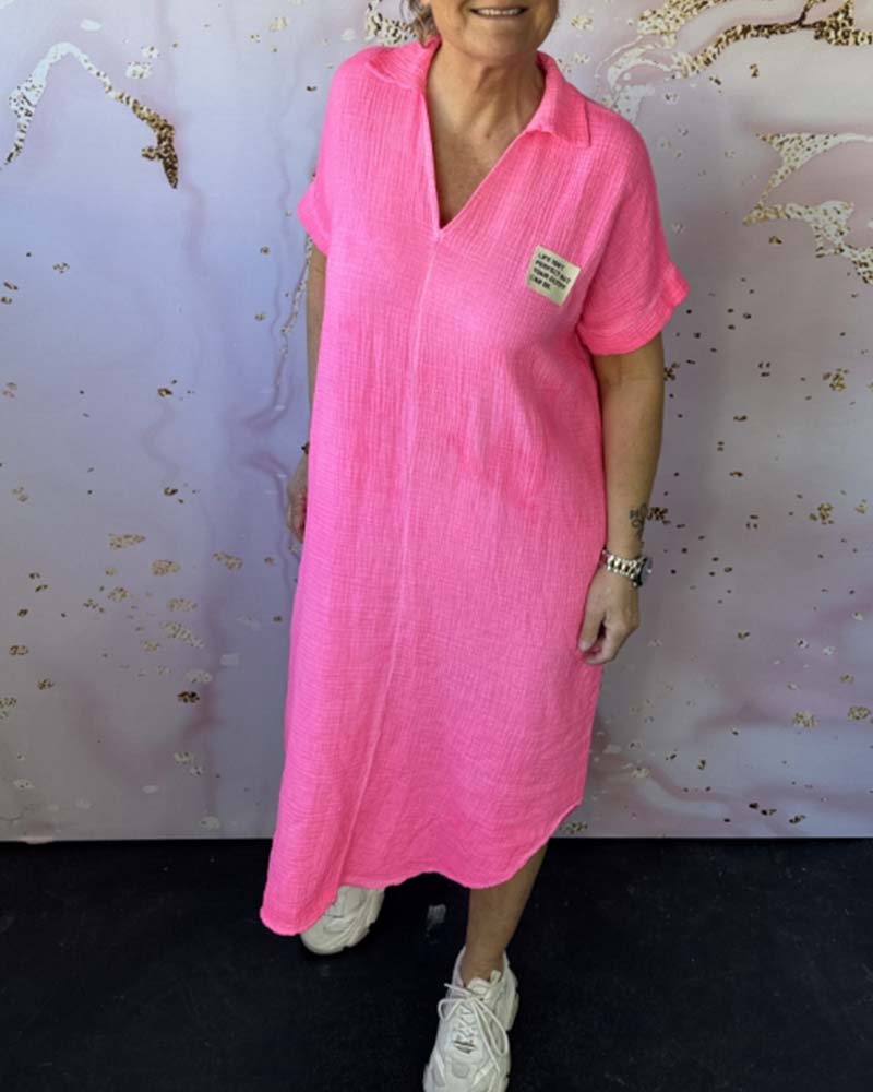 Robe Col En V Plissée Couleur Unie Longue