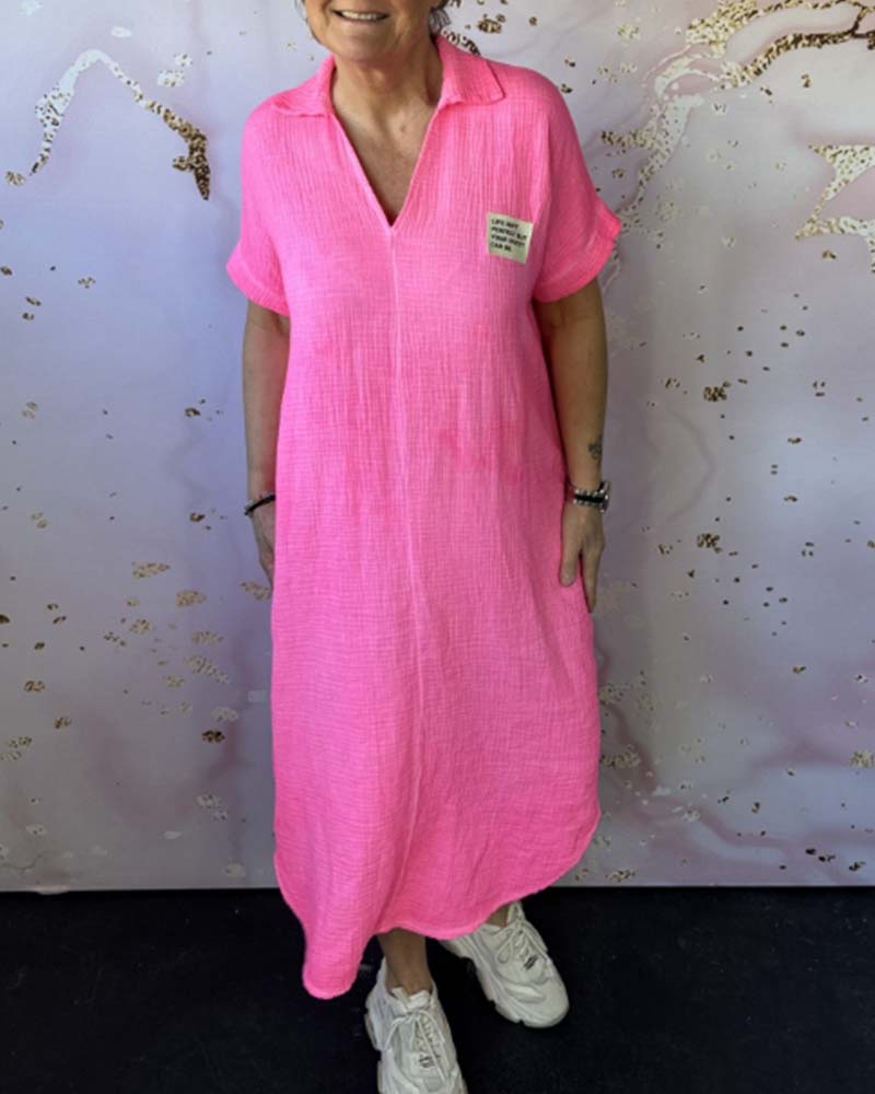 Robe Col En V Plissée Couleur Unie Longue