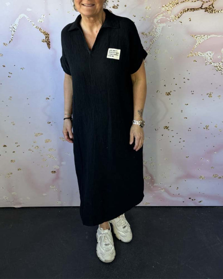 Robe Col En V Plissée Couleur Unie Longue