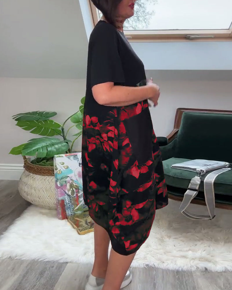 Robe patchwork décontractée à imprimé floral et col rond