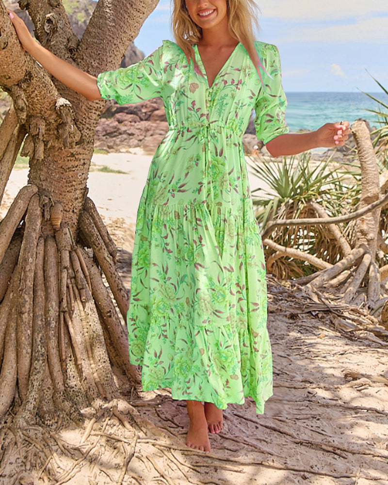 Robe Décolleté en V Imprimé Floral Manches Courtes