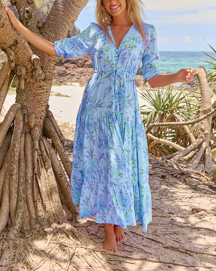 Robe Décolleté en V Imprimé Floral Manches Courtes