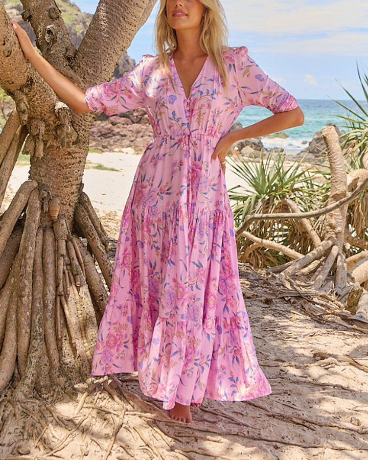 Robe Décolleté en V Imprimé Floral Manches Courtes