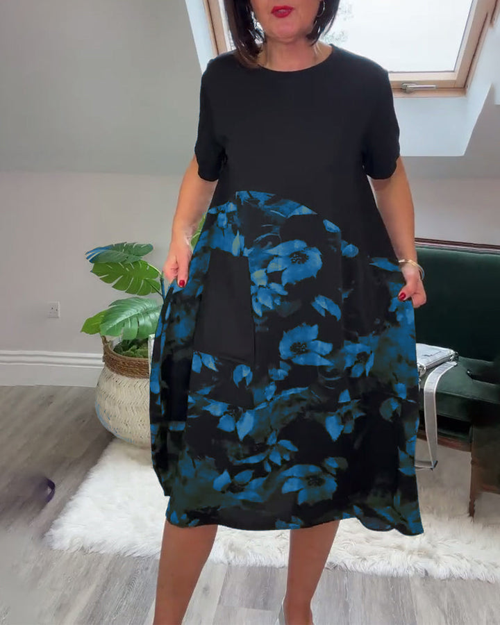 Robe patchwork décontractée à imprimé floral et col rond