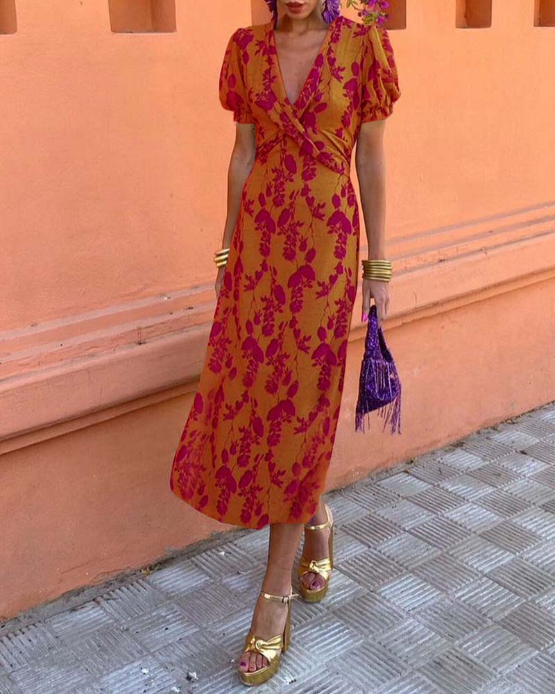Robe trapèze élégante à manches bouffantes en V profond et imprimé feuilles