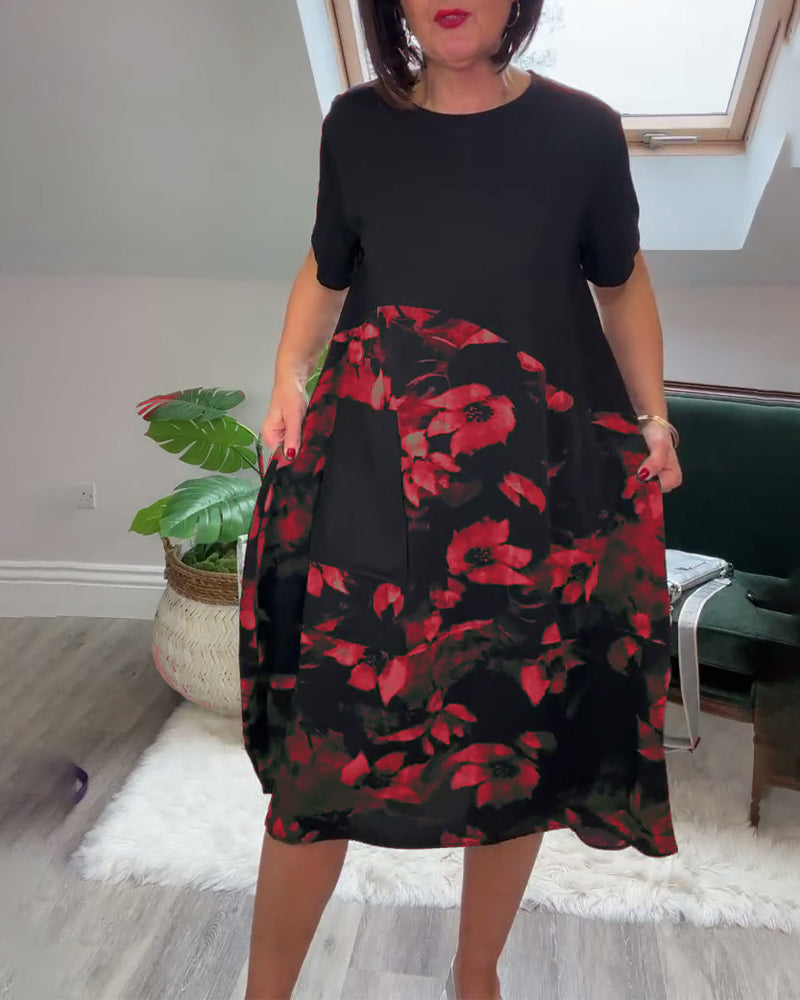 Robe patchwork décontractée à imprimé floral et col rond