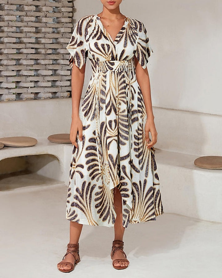 Robe élégante irrégulière imprimée à col en V