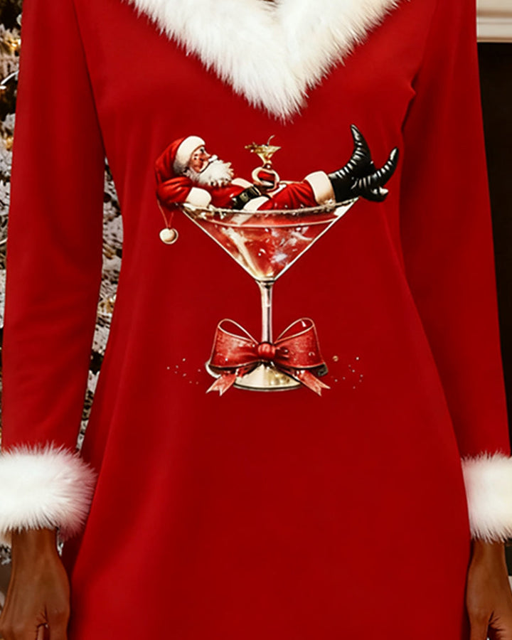 Robe Col Fourrure Noël Imprimé