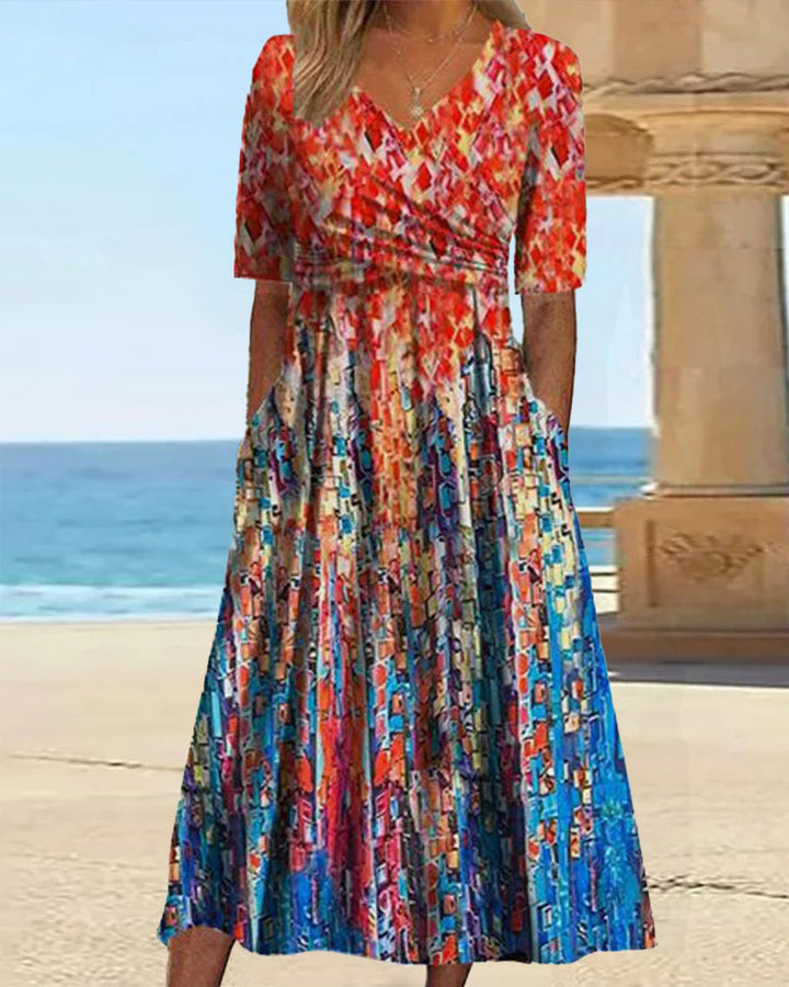 Robe de villégiature imprimée avec poches et col en V