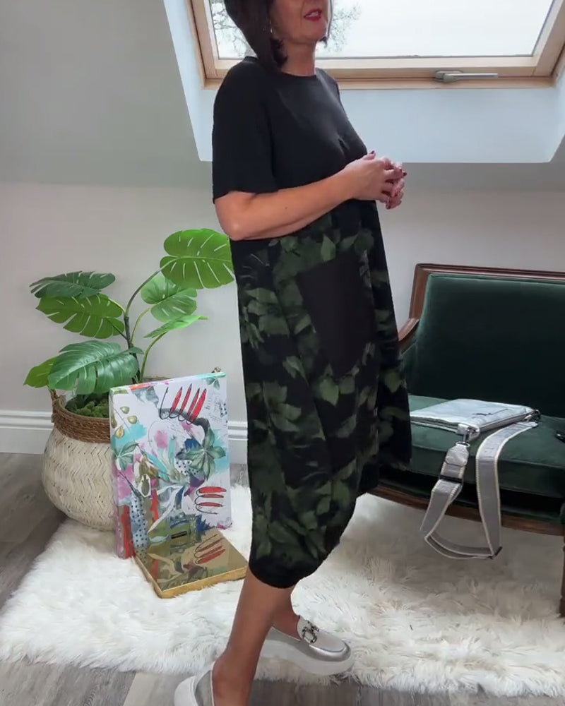 Robe patchwork décontractée à imprimé floral et col rond