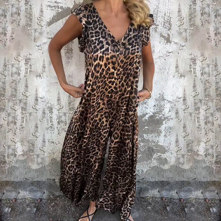 Robe trapèze élégante à manches bouffantes en V profond et imprimé feuilles