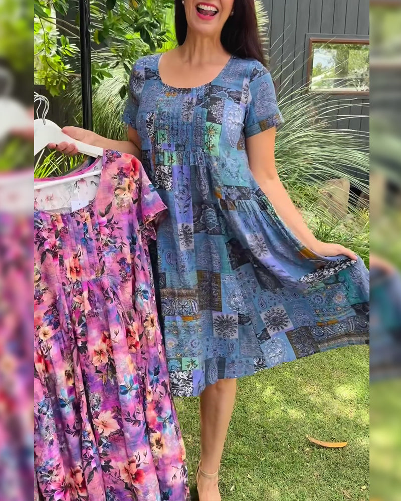 Robe Col Rond Plissée Imprimée Trapèze