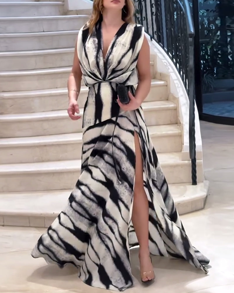 Robe Sans Manches Col En V Imprimée Fente Maxi