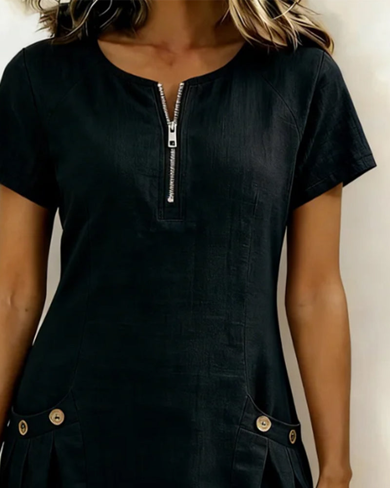 Robe Fermeture Éclair Poche Coton Lin