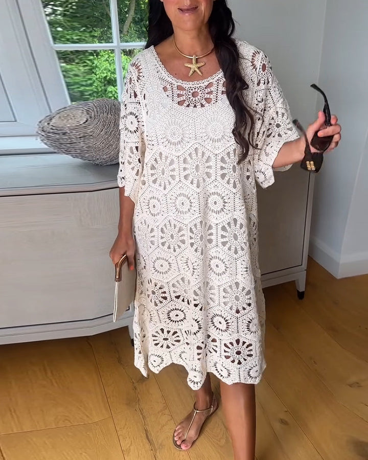 Robe En Coton Ajourée À Manches Mi-Longues