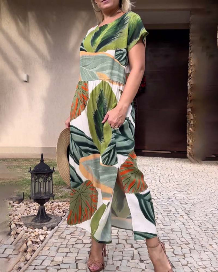 Robe fendue à manches courtes et imprimé feuilles