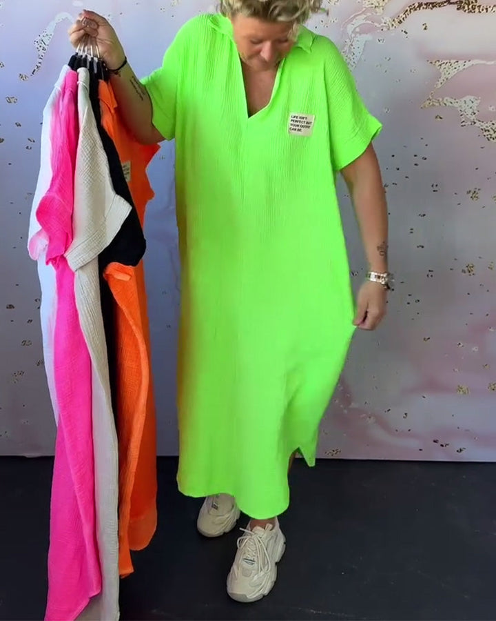 Robe Col En V Plissée Couleur Unie Longue