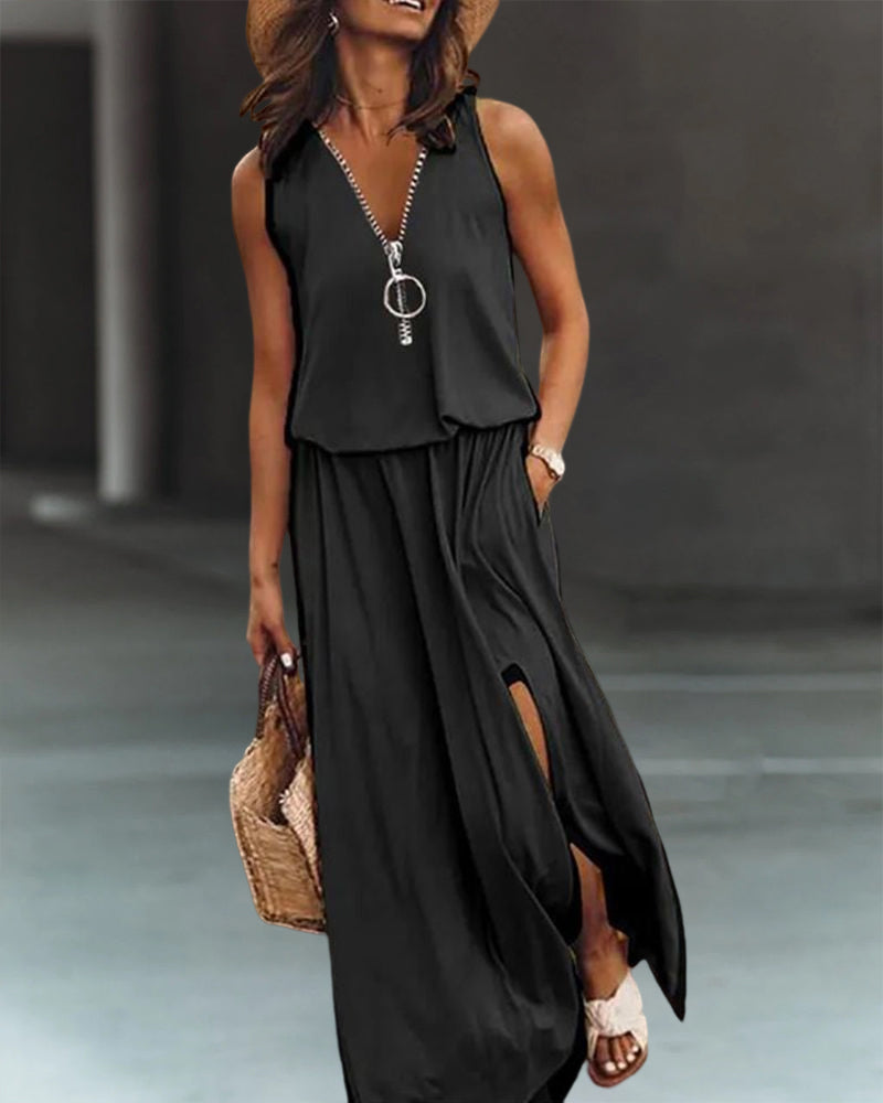 Robe de couleur unie avec fermeture éclair et fente