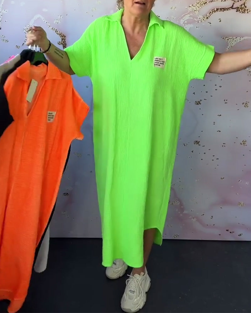 Robe Col En V Plissée Couleur Unie Longue