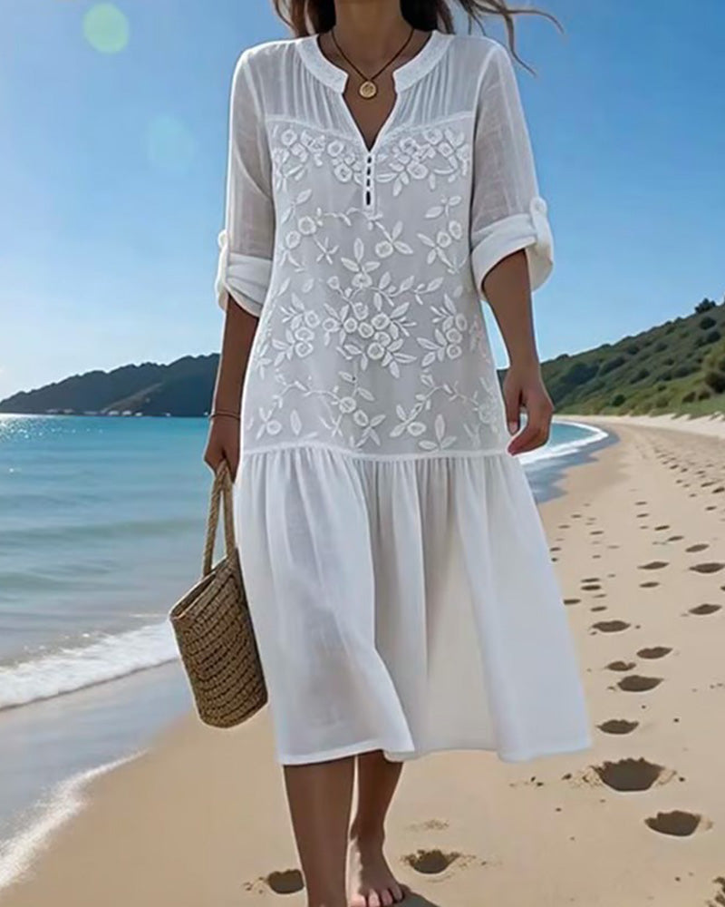 Robe Col En V Brodé Vacances Style