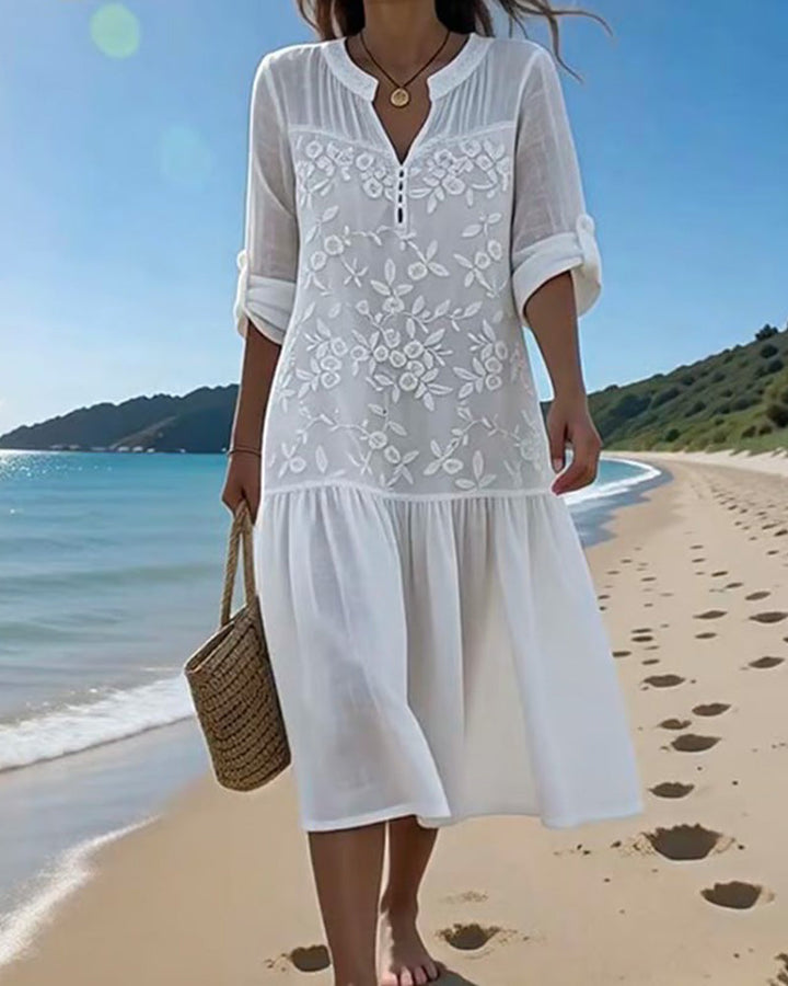 Robe Col En V Brodé Vacances Style