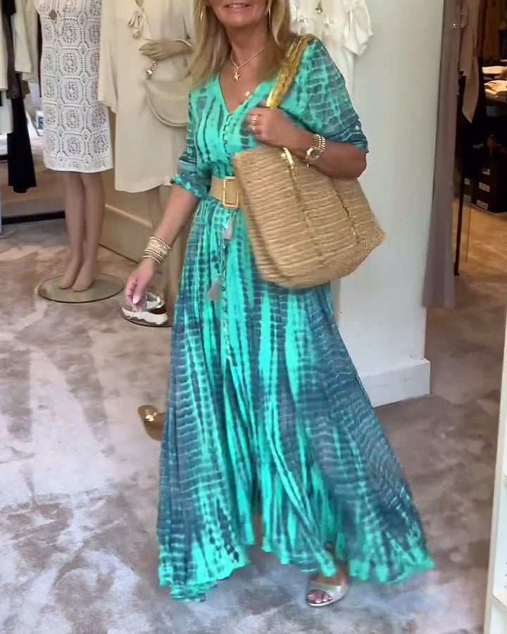 Robe longue boutonnée imprimée à col en V