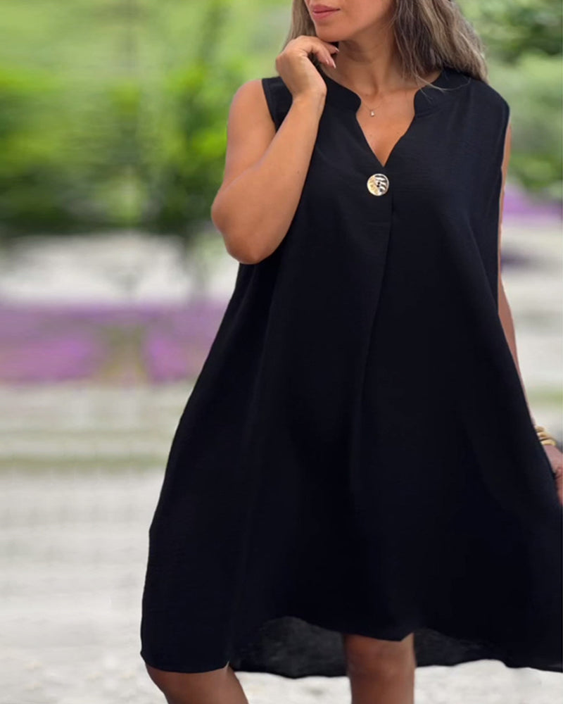 Robe Sans Manches Col En V Boutonnée