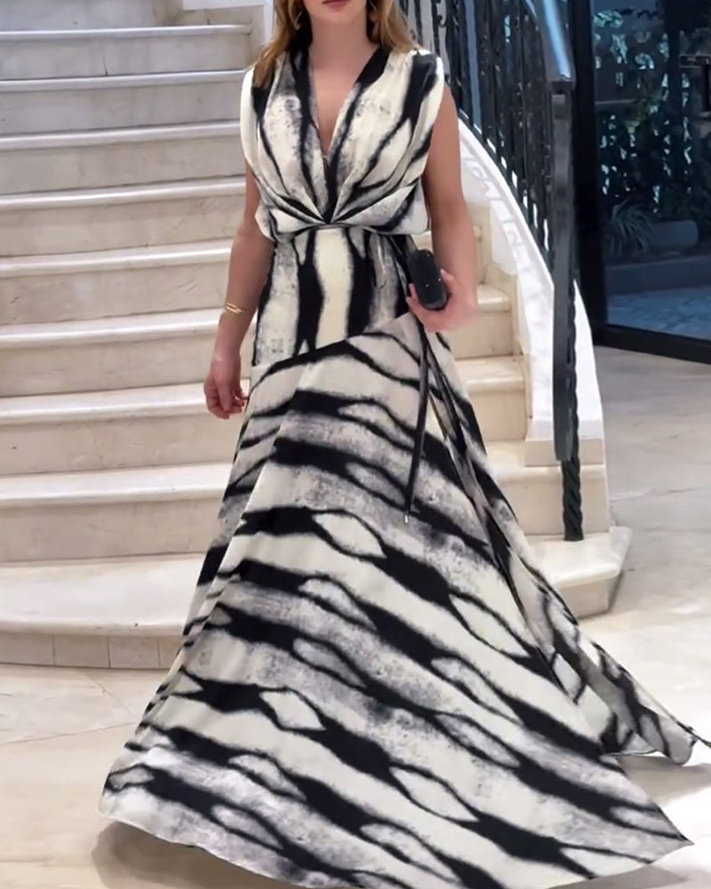 Robe Sans Manches Col En V Imprimée Fente Maxi