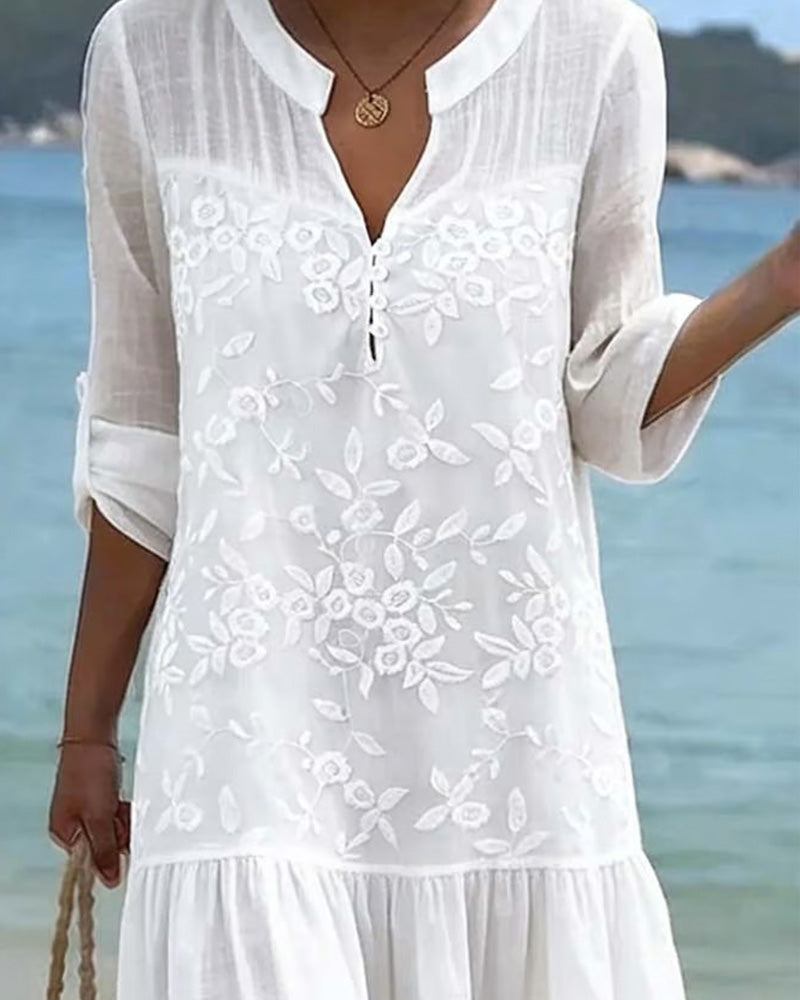 Robe Col En V Brodé Vacances Style