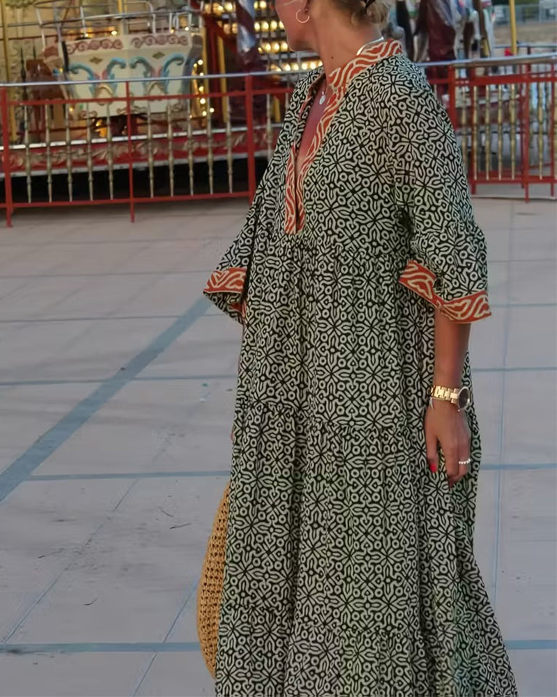 Robe Encolure En V Manche Trois-Quarts Imprimé Vacances