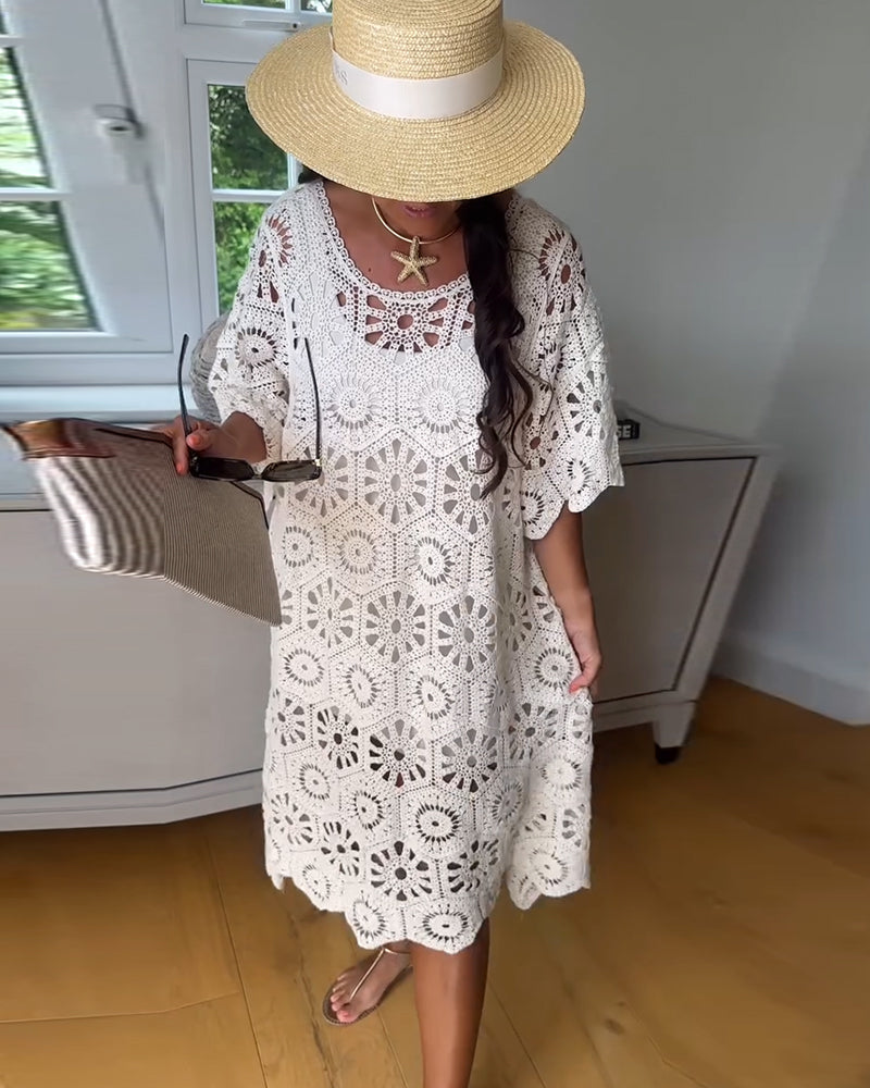 Robe En Coton Ajourée À Manches Mi-Longues