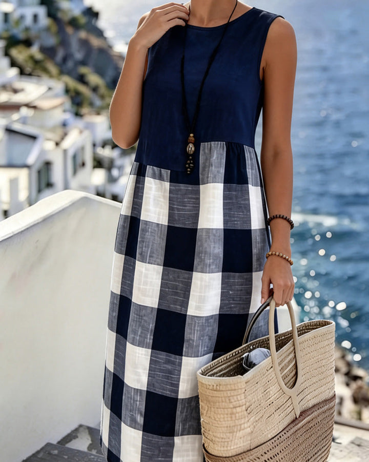 Robe Dos Nu Patchwork Plaid Sans Manches