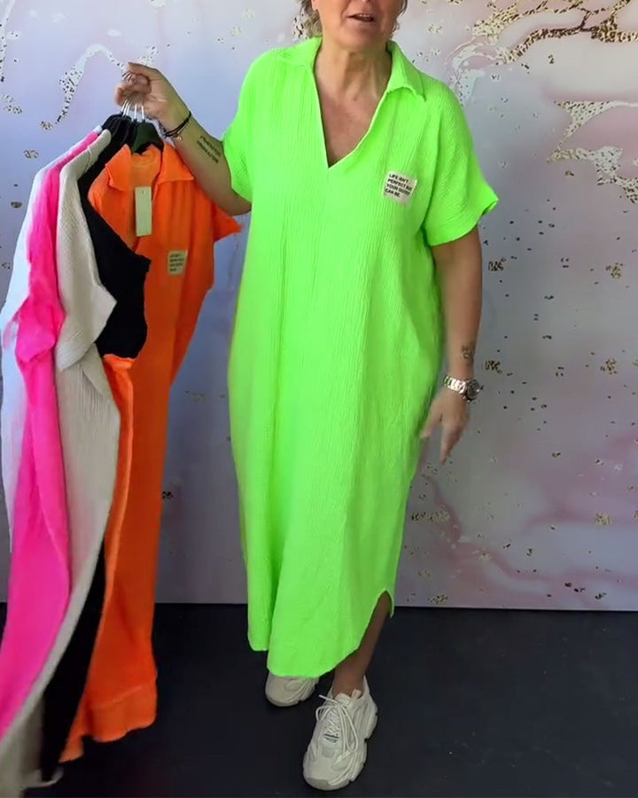 Robe Col En V Plissée Couleur Unie Longue